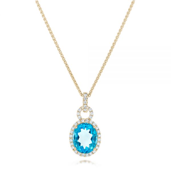 14k Yellow Gold 14k Yellow Gold Oval Blue Topaz And Diamond Halo Pendant - Three-Quarter View -  102612