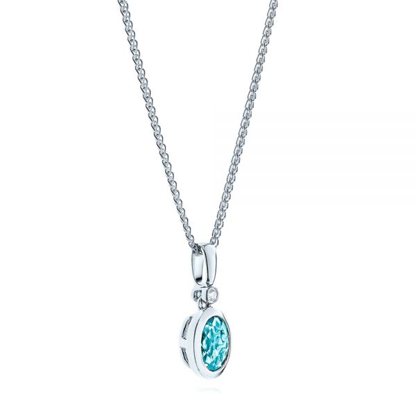 14k White Gold Oval Blue Topaz And Diamond Pendant - Flat View - 106058