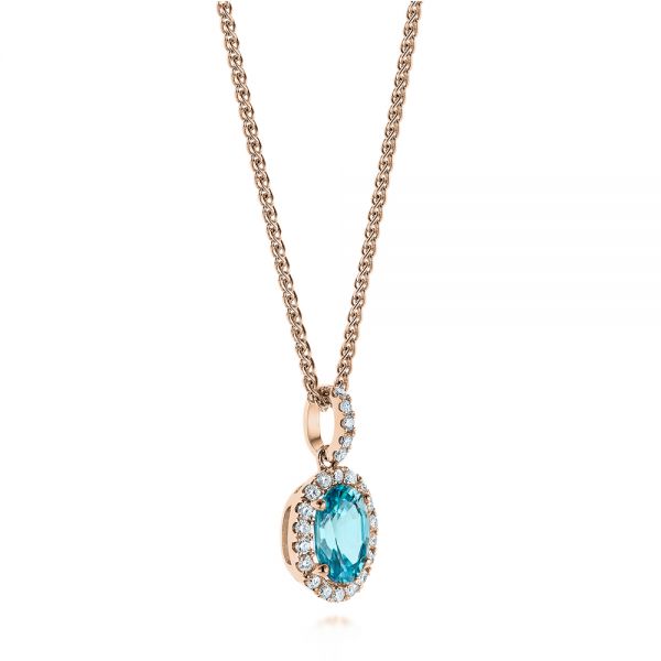 14k Rose Gold 14k Rose Gold Oval Blue Zircon And Diamond Halo Pendant - Flat View - 105339