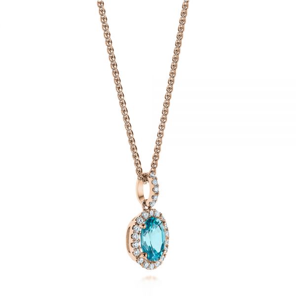 14k Rose Gold 14k Rose Gold Oval Blue Zircon And Diamond Halo Pendant - Flat View -  105339