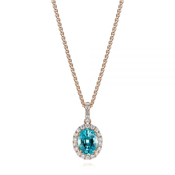 18k Rose Gold 18k Rose Gold Oval Blue Zircon And Diamond Halo Pendant - Three-Quarter View -  105339