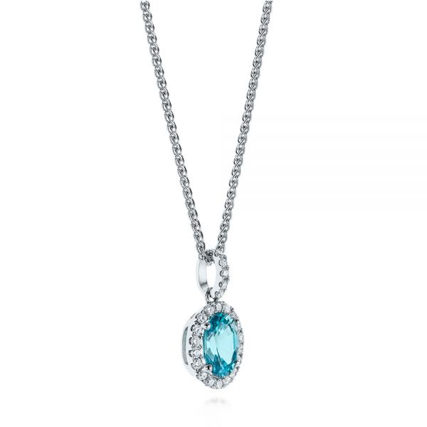 18k White Gold 18k White Gold Oval Blue Zircon And Diamond Halo Pendant - Flat View -  105339