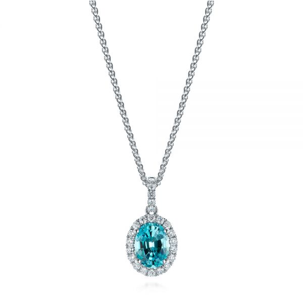 18k White Gold 18k White Gold Oval Blue Zircon And Diamond Halo Pendant - Three-Quarter View -  105339