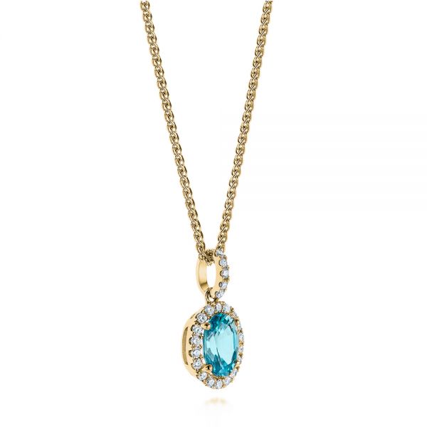 18k Yellow Gold 18k Yellow Gold Oval Blue Zircon And Diamond Halo Pendant - Flat View -  105339