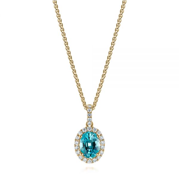 14k Yellow Gold 14k Yellow Gold Oval Blue Zircon And Diamond Halo Pendant - Three-Quarter View -  105339