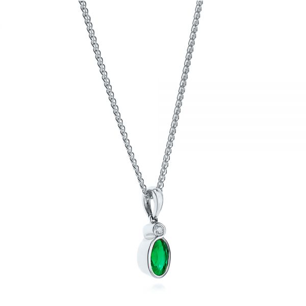 18k White Gold 18k White Gold Oval Emerald And Diamond Pendant - Flat View -  106030