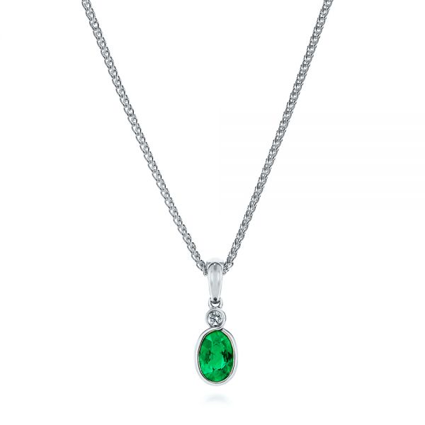 18k White Gold 18k White Gold Oval Emerald And Diamond Pendant - Three-Quarter View -  106030