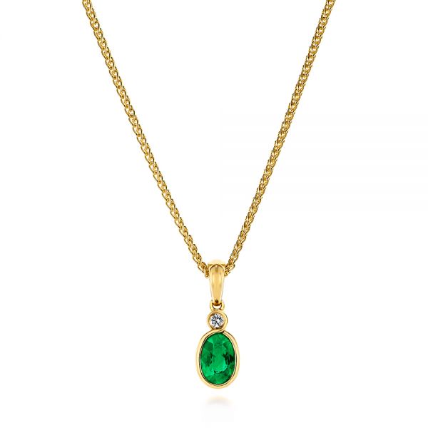 14k Yellow Gold Oval Emerald And Diamond Pendant - Three-Quarter View -  106030