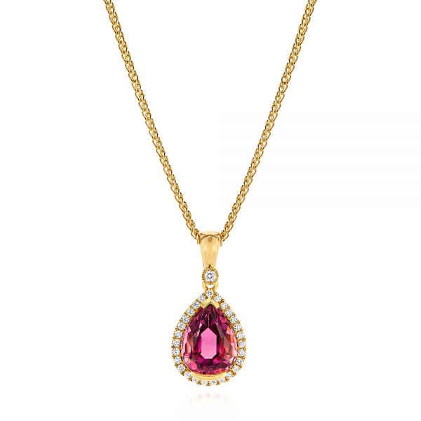 14k Yellow Gold Pear Pink Tourmaline And Diamond Halo Pendant - Three-Quarter View -  106005