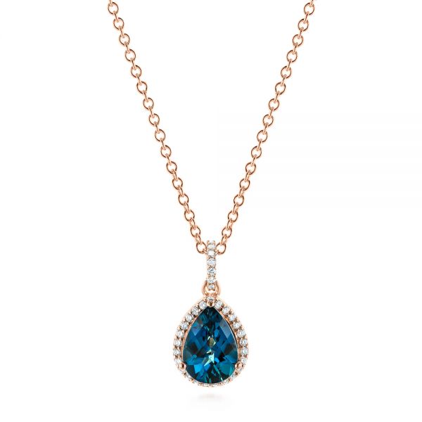 14k Rose Gold 14k Rose Gold Pear Shaped London Blue Topaz And Diamond Pendant - Three-Quarter View -  104996