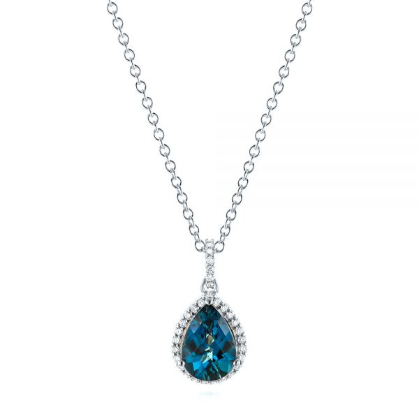 18k White Gold 18k White Gold Pear Shaped London Blue Topaz And Diamond Pendant - Three-Quarter View -  104996