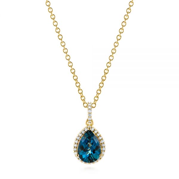 18k Yellow Gold 18k Yellow Gold Pear Shaped London Blue Topaz And Diamond Pendant - Three-Quarter View -  104996