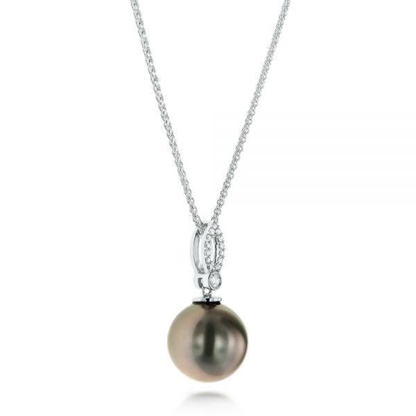 14k White Gold Pearl And Diamond Necklace - Flat View -  103542