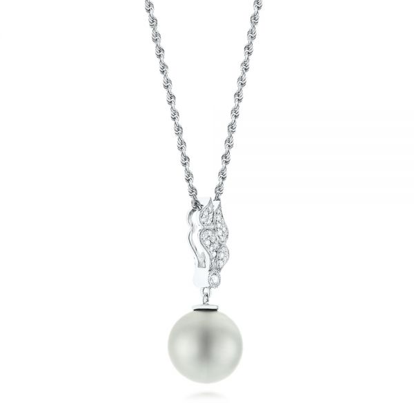 14k White Gold Pearl And Diamond Pendant - Front View -  103661