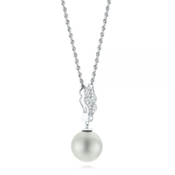 14k White Gold Pearl And Diamond Pendant - Front View - 103661
