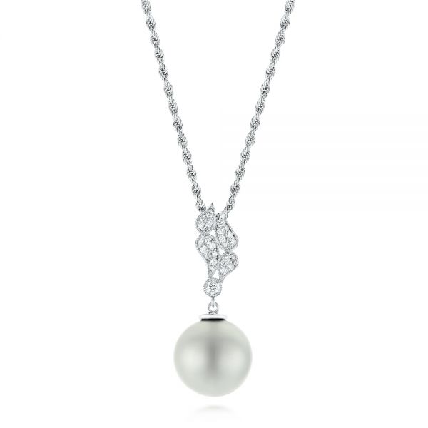 14k White Gold Pearl And Diamond Pendant - Three-Quarter View -  103661