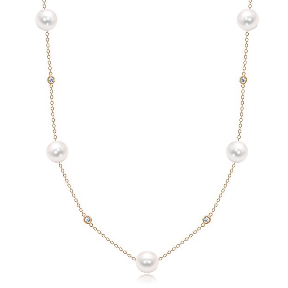 Pearl and Diamond Station Necklace, item 108514, shown in 14k White Gold