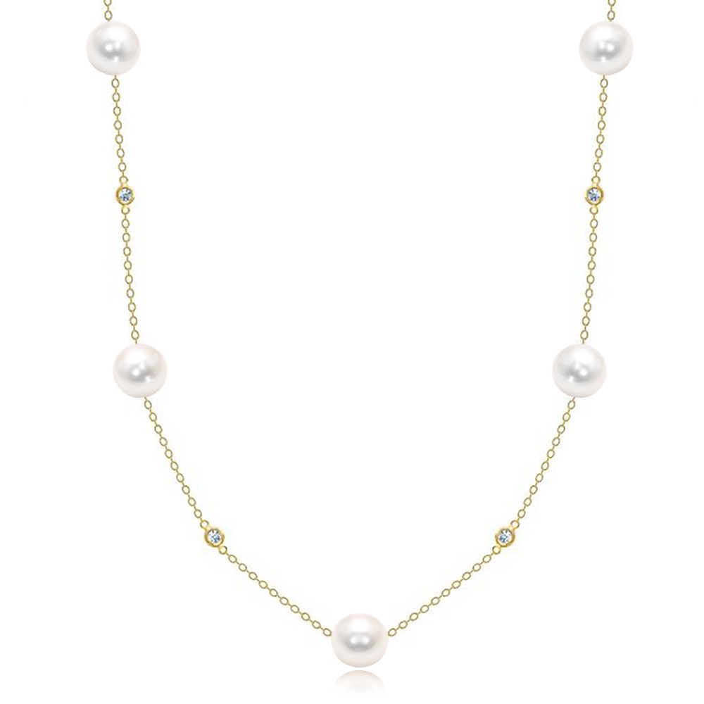 14k Yellow Gold Pearl And Diamond Station Necklace - Three-Quarter View -  108514