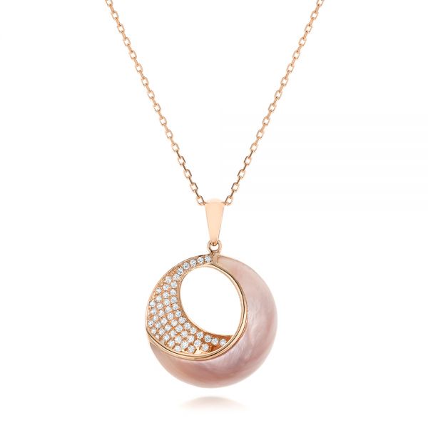 Pink Mother of Pearl Pendant with Diamond Moon & Stars Yellow Gold