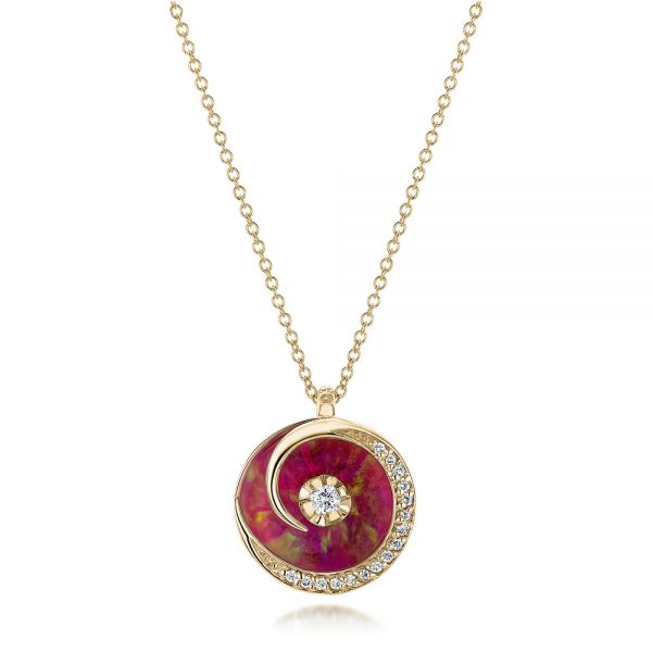 18k Yellow Gold 18k Yellow Gold Pink Opal And Diamond Circle Pendant - Three-Quarter View -  101967