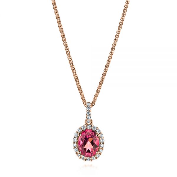 14k Rose Gold 14k Rose Gold Pink Oval Tourmaline And Diamond Halo Pendant - Three-Quarter View -  106015