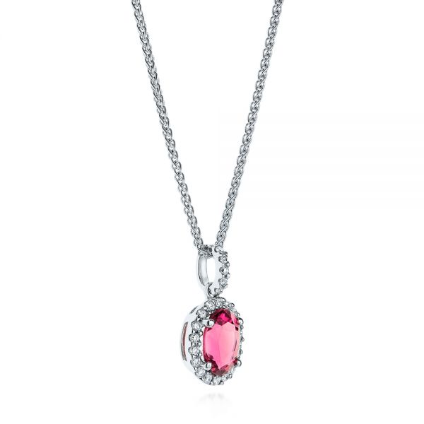 14k White Gold Pink Oval Tourmaline And Diamond Halo Pendant - Flat View - 106015