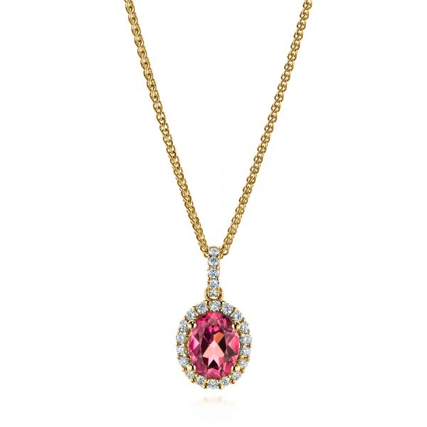 14k Yellow Gold 14k Yellow Gold Pink Oval Tourmaline And Diamond Halo Pendant - Three-Quarter View -  106015