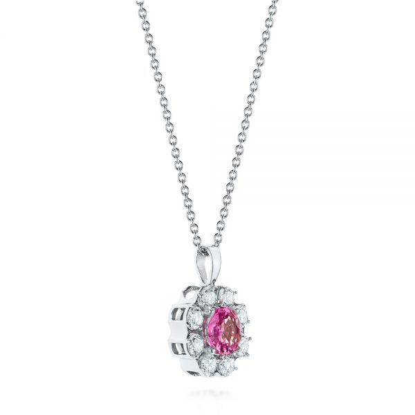 14k White Gold Pink Sapphire And Diamond Pendant - Flat View -  103625