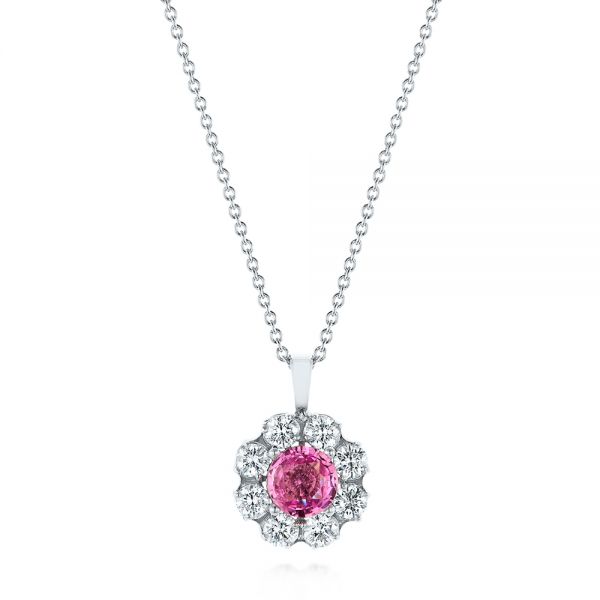 14k White Gold Pink Sapphire And Diamond Pendant - Three-Quarter View -  103625