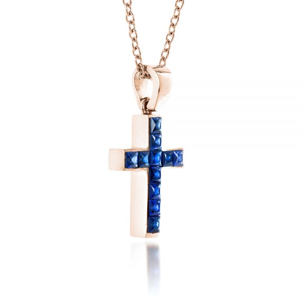 14k Rose Gold 14k Rose Gold Princess Cut Blue Sapphire Cross Pendant - Flat View -  1323