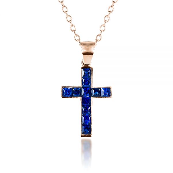 18k Rose Gold 18k Rose Gold Princess Cut Blue Sapphire Cross Pendant - Front View - 1323