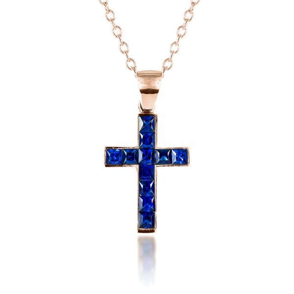 18k Rose Gold 18k Rose Gold Princess Cut Blue Sapphire Cross Pendant - Front View -  1323