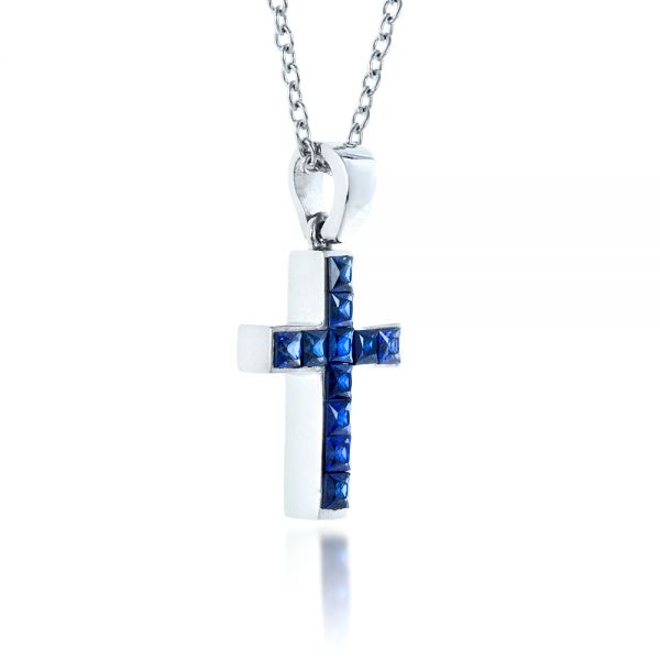  Platinum Platinum Princess Cut Blue Sapphire Cross Pendant - Flat View -  1323