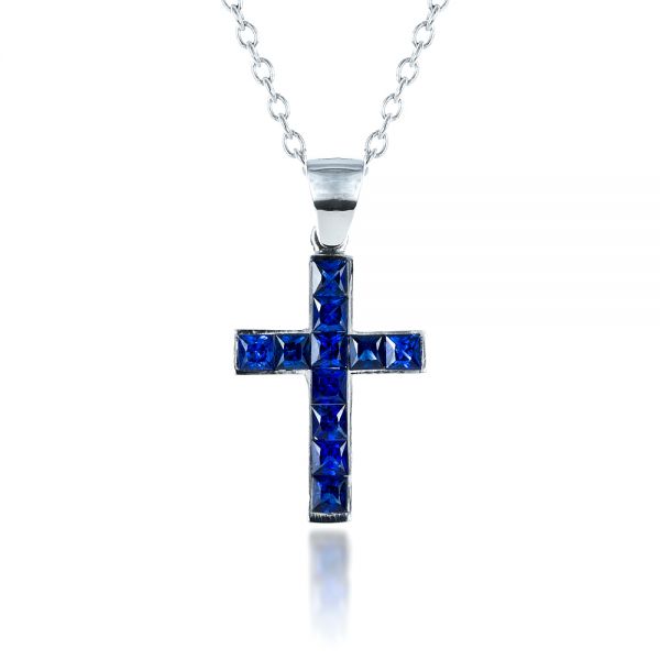  Platinum Platinum Princess Cut Blue Sapphire Cross Pendant - Front View -  1323