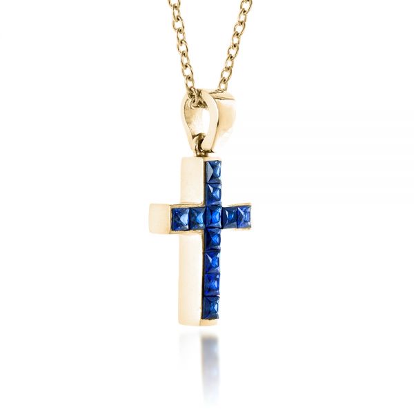 14k Yellow Gold 14k Yellow Gold Princess Cut Blue Sapphire Cross Pendant - Flat View -  1323