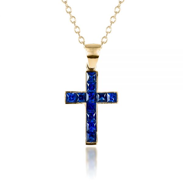 18k Yellow Gold 18k Yellow Gold Princess Cut Blue Sapphire Cross Pendant - Front View - 1323