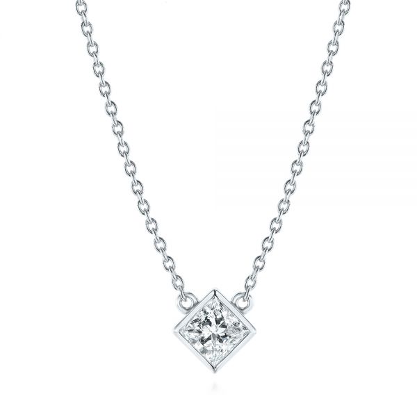 14k White Gold Princess Cut Diamond Solitaire Pendant - Three-Quarter View -  105078