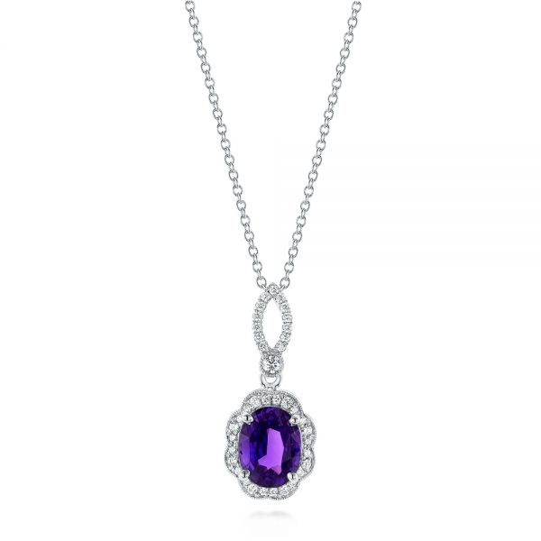 14k White Gold Purple Sapphire And Diamond Pendant - Three-Quarter View -  103750