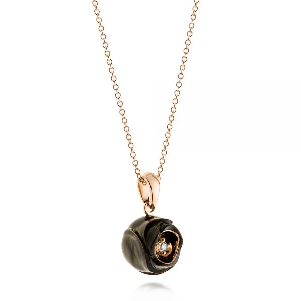 14k Rose Gold 14k Rose Gold Rose Carved Tahitian Pearl And Diamond Pendant - Flat View -  103251