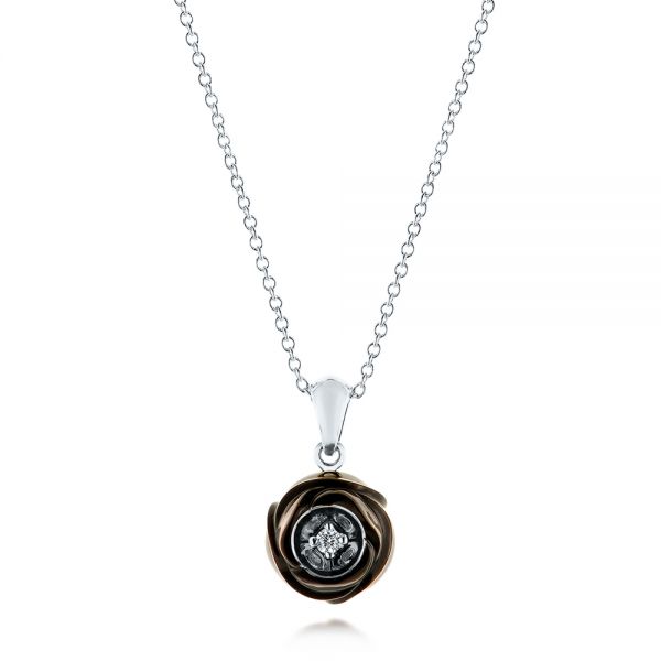 14k White Gold 14k White Gold Rose Carved Tahitian Pearl And Diamond Pendant - Three-Quarter View -  103251