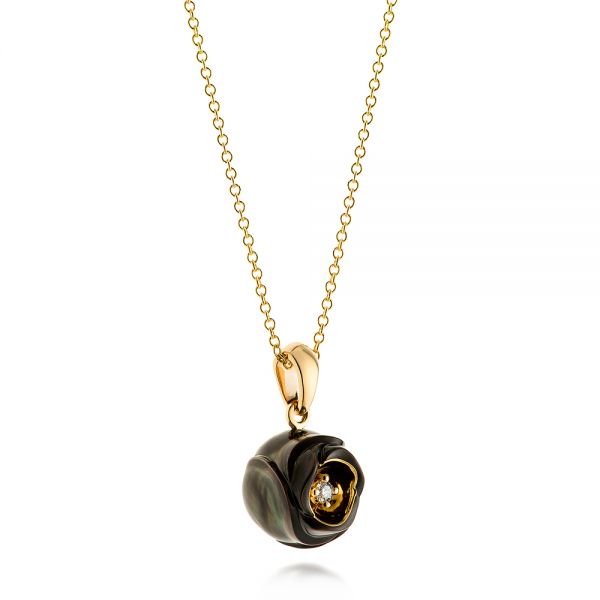 14k Yellow Gold Rose Carved Tahitian Pearl And Diamond Pendant - Flat View - 103251