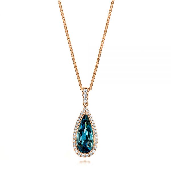 14k Rose Gold 14k Rose Gold London Blue Topaz And Diamond Halo Pendant - Three-Quarter View -  103175