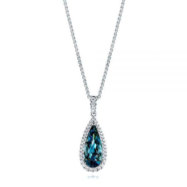 18k White Gold 18k White Gold London Blue Topaz And Diamond Halo Pendant - Three-Quarter View -  103175