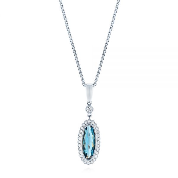 14k White Gold 14k White Gold London Blue Topaz And Diamond Halo Pendant - Three-Quarter View -  103415