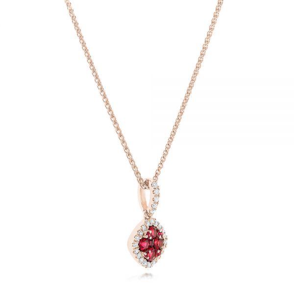 14k Rose Gold 14k Rose Gold Ruby Cluster And Diamond Halo Pendant - Flat View -  102619