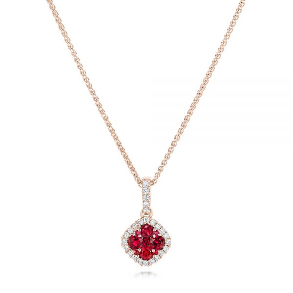 18k Rose Gold 18k Rose Gold Ruby Cluster And Diamond Halo Pendant - Three-Quarter View -  102619