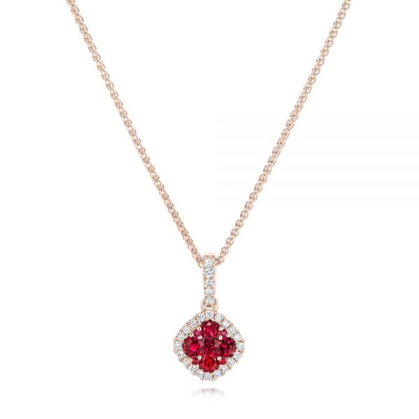 14k Rose Gold 14k Rose Gold Ruby Cluster And Diamond Halo Pendant - Three-Quarter View -  102619