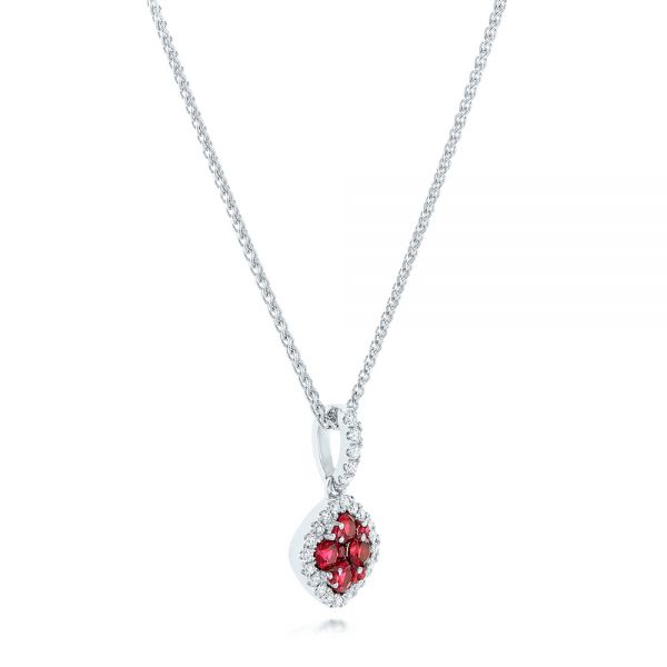 14k White Gold Ruby Cluster And Diamond Halo Pendant - Flat View - 102619