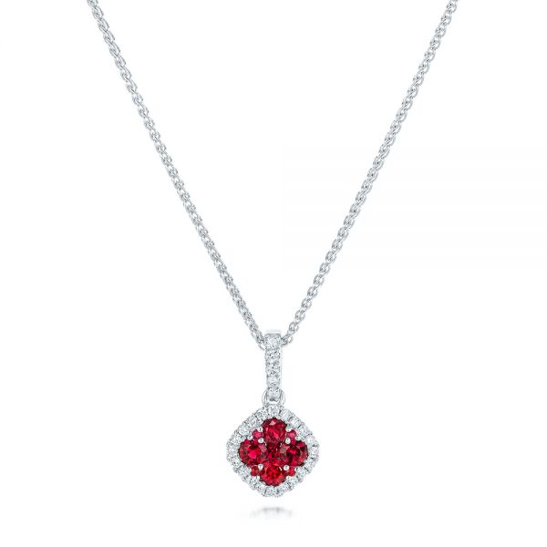 14k White Gold Ruby Cluster And Diamond Halo Pendant - Three-Quarter View -  102619