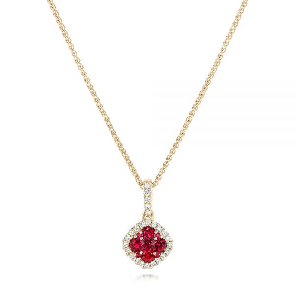 14k Yellow Gold 14k Yellow Gold Ruby Cluster And Diamond Halo Pendant - Three-Quarter View -  102619